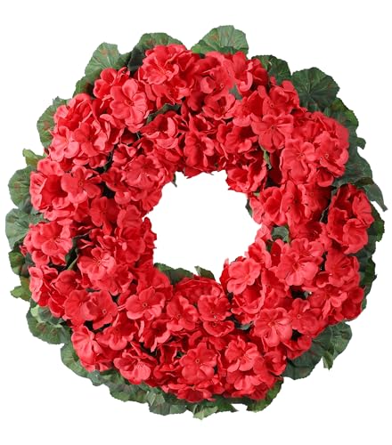 Artificial Geraniums Spring Wreaths for Front Door 17.7 Inch Spring Wreaths Door Wreaths for Outside Outdoor UV Resistant Wreaths Front Door Porch Garden Window Wall Decor Summer Fall All Season