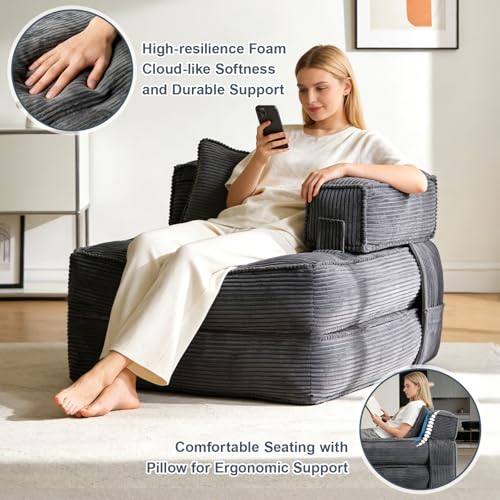 Image of Folding Sofa Bed Chair with Armrests, Convertible Futon Couch Sleeper Chair for Adults, Fold Out Boneless Chair Bed, Foldable Sofa Lounge for Small Spaces, with Pillow, Dark Grey