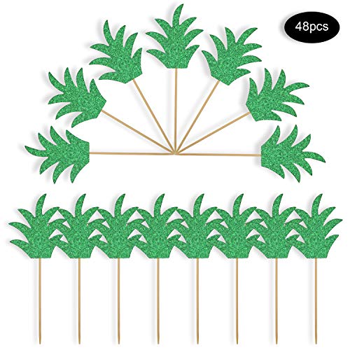 48 Pieces Green Pineapple Palm Leaf Cupcake Toppers Glitter Tropical Food Cocktail Picks Luna Toothpicks Hawaii Cake Decorations Donut Decor For Summer Beach Birthday Party Favors Supplies #TOP2