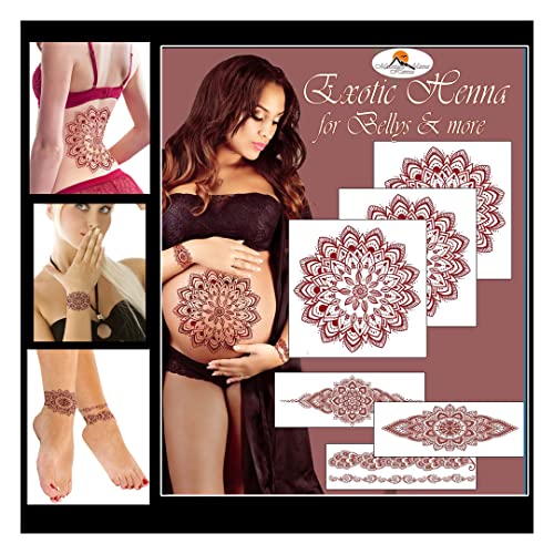 Temporary Tattoo for Women Sexy Pregnancy Waterproof Henna for Baby Bump Belly. Realistic Mehndi Classy Elegant Mandala Body Temporary Tattoos for Women's and Stomach - Perfect for Gender Reveal Party Favors (Brown)