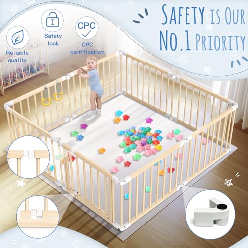 Image of Foldable Wooden Playpen with Door: 8 Panel Adjustable Shape Playpen for Babies and Toddlers - 57 inchx57 inchx25 inch Large Kids Safety Activity Centre Play Yard with Pull Rings & Ocean Balls for Indoor Outdoor