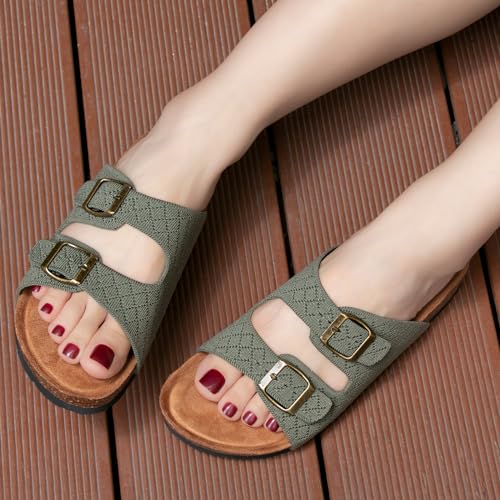 Image of Women's Comfy Arch Support Cork Footbed Adjustable Knitting Straps Indoor and Outdoor Slides Sandals