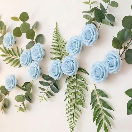 Image of 100Pcs Realistic Sky Blue Artificial Rose Flower Heads, Fake Sky Blue Foam Roses for DIY Wedding Decorations Baby Shower Centerpieces Home Party Valentine's Day Mother's Day Decor