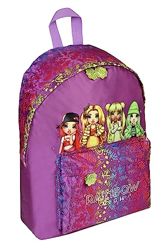 Undercover Rainbow High Backpack with Padded Height Adjustable Straps, Padded Back, Front Zip Pocket. Satin and Glitter PVC, Gold Zip Pull. Purple, purple, purple
