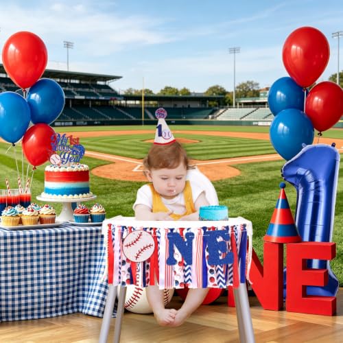Image of Baseball Highchair Banner for Boys First Birthday Party Decorations | My 1st Rookie Year Baseball Fabric Banner for Boys Blue Red High Chair Banner for One Birthday Backdrop Decorations