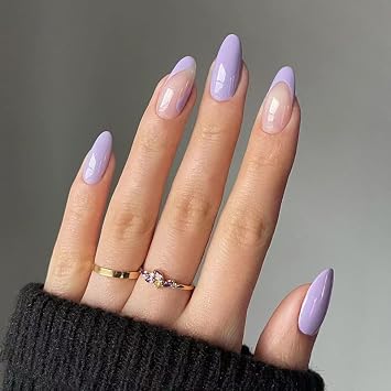 24 Pcs Cute Almond Press on Nails Medium Length Clear and Purple Fake False Nails with Glue, Gel Acrylic Nail Art for Women and Girls Stick on Nails