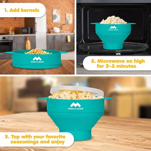 Image of The Original Mindful Design Collapsible Microwave Popcorn Popper - Silicone Bowl, BPA-Free & Dishwasher Safe (Aqua)