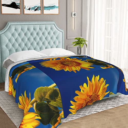 Yellow Sunflower Blue Sky Printed Throw Blanket Ultra-Soft Fuzzy Blanket Warm Blanket Fluffy Reversible Blanket For Bed And Couch #TOP5