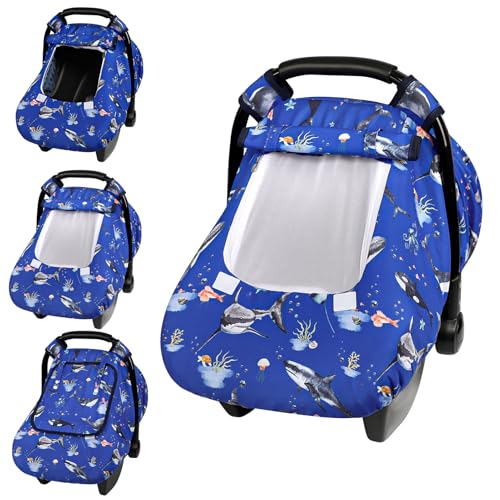 Image of Pea Pod Winter Baby Car Seat Cover for Newborn, Warm Infant Car Seat Canopy Covers with 2 Layers Windows of Breathable Mesh/Fabric, Lightweight Polyester/Thick Minky Dot Backing (Ocean)