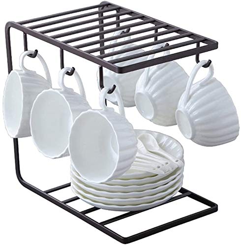 Iron Mug Tree Holder Stand & Dish Rack – Black Countertop Organizer with 6 Hooks for Coffee Cups & Kitchen Storage (L-9.5 x W-5.5 x H-9.5 Inches, Pack of 1)