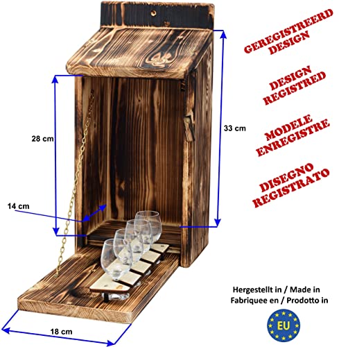 Alcohol Cage® Outdoor|Indoor - Holz Vogelhaus mit Platz für Flasche Schnaps 0.7 Liter und Glas Lustige Geschenke Männer für den Garten Zwitscherbox mit Minibar Geburtstag Vatertagsgeschenk, Braun