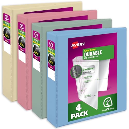 Image of Avery Durable View 3 Ring Binders, 2 Inch Slant Rings, 530-Sheet Capacity, Assorted Pastel Colors, 4-Pack (05636) - for School, Office, Teachers, Classrooms & Home Organization