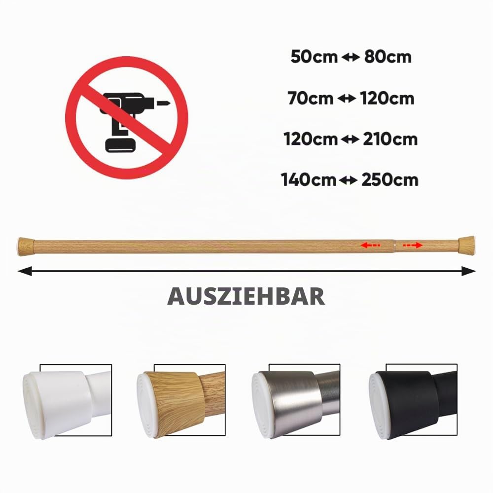 Klemmstange Gardinenstange ohne Bohren teleskopisch aus Metall 28 mm ausziehbar stabile Druckmontage für Vorhänge Schränke und Bad STORESDECO Holzoptik 140-250 cm