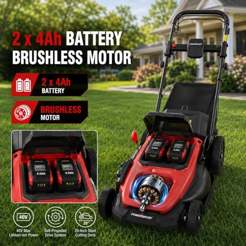 Image of 20 inch Self Propelled Cordless Lawn Mower,40V 2x4.0 Ah Battery Lawn Mower with Dual Battery Slots & Steel Deck, 3-in-1 Walk-Behind Mower (Bagging /Mulching), Space Saving Foldable