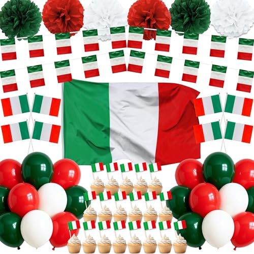 Tasoraor Italien Deko Flaggen Ballons - Italienische Fahnenkette Rot Grün Luftballons und Zahnstocher Flagge Handflagge und Flaggenkette für Fußball Euro WM Party Dekoration