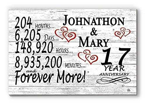 Personalized 17 Year Anniversary Sign Gift 17th Wedding Anniversary Present For Couple Days Minutes Years - Solid Wood - 16.5in x 10.5in x .75in