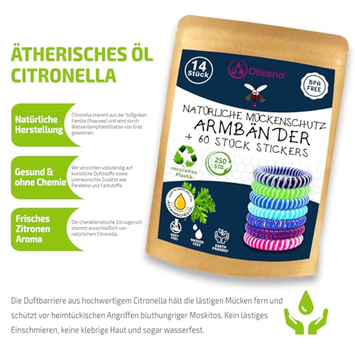 Olleeno® Mückenschutz Armband Moskito Insektenschutz Armband für Outdoor Camping Wandern Sport Anti Mückenarmband für Kinder und Erwachsene (14 Stück + 60 Mückenabwehr Aufkleber)