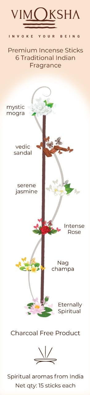 Vimoksha Incense-Sticks-Heritage-Indian-Scent-Pack of-6-100%-Natural-(90 Sticks (108GM))-Handmade-Organic-Chemicals Free for-Relaxation-Positivity-Yoga-Meditation The-Best-Woods-Scent