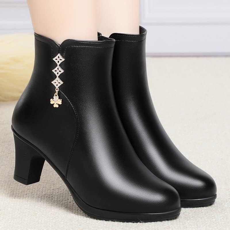 Womens Ankle Boots Chunky Block Heel Rhinestones Buckle Decor Comfort Warm Fur Lined Boots Zip Fashion Round Toe 2 Inch - Image 4