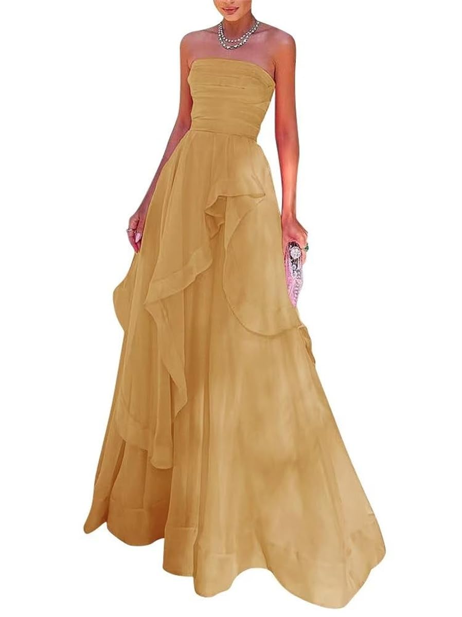 Wseyu Women's Marigold Strapless Chiffon Prom Dress Long Sleeveless A Line Bridesmaid Dresses Formal Evening Gown Wedding Dresses Uk6
