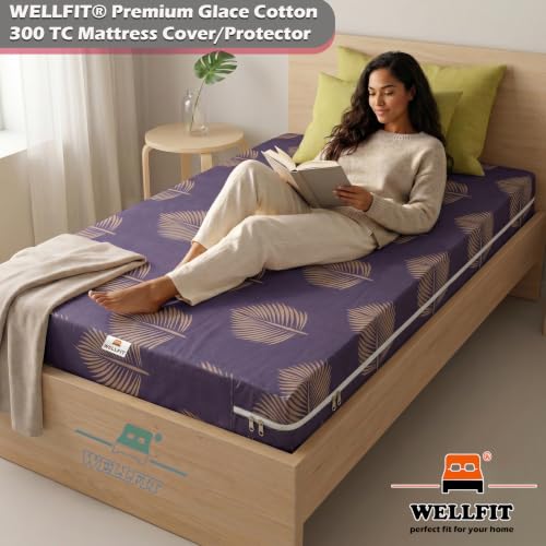 Image of WELLFIT Premium Glace Cotton 300 TC Mattress Protector King Size | 78x72x8 Inches | Bed Cover with Zip | Mattress Cover with Zipper Chain | 6.56x6