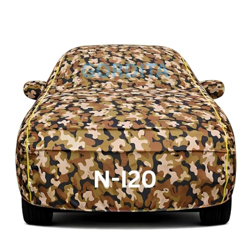 Image of Waterproof Car Body Cover for N i20 All Weather Protection Comes with Inner Cotton Lining & Triple Stitched with Mirror & Antenna Pocket Belt & Elastic Fit Army with Yellow Piping2