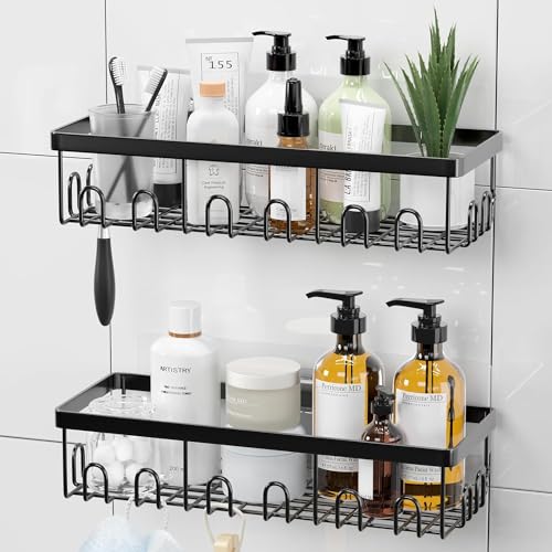 Image of iSTAR Stainless Steel Self Adhesive Multipurpose Bathroom Shelves with Hooks Wall Mount Storage Shelf Racks Bathroom Accessories Organizer, (Black,Powder Coated) Pack of 1