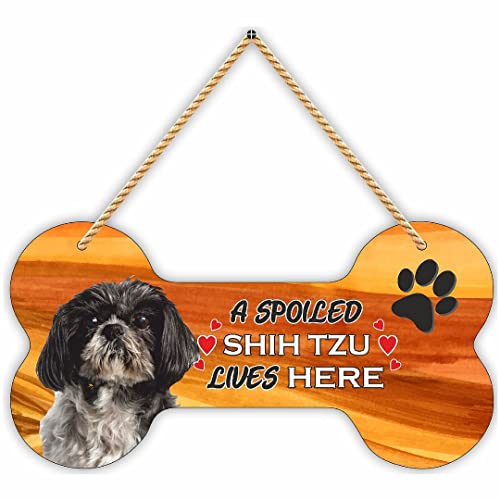 Image of CVANU MDF Wooden Pet Dog Sign Plaque Bone Design A Spoiled SHIN TZU Lives Here Animal Love Sign Board, Name Plate for Dog House Black and White, Size(10x5) inch