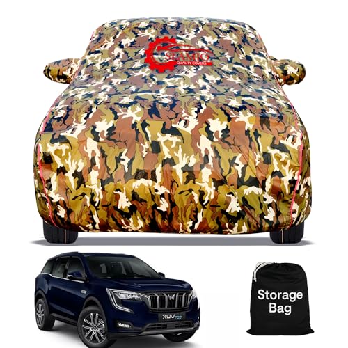 Image of Waterproof Car Body Cover for Mahindra XUV 700 with Mirror Pocket, Soft Cotton Lining, Triple Stitched, Full Bottom Elastic (Heat Resistant Jungle Print with Red Piping)