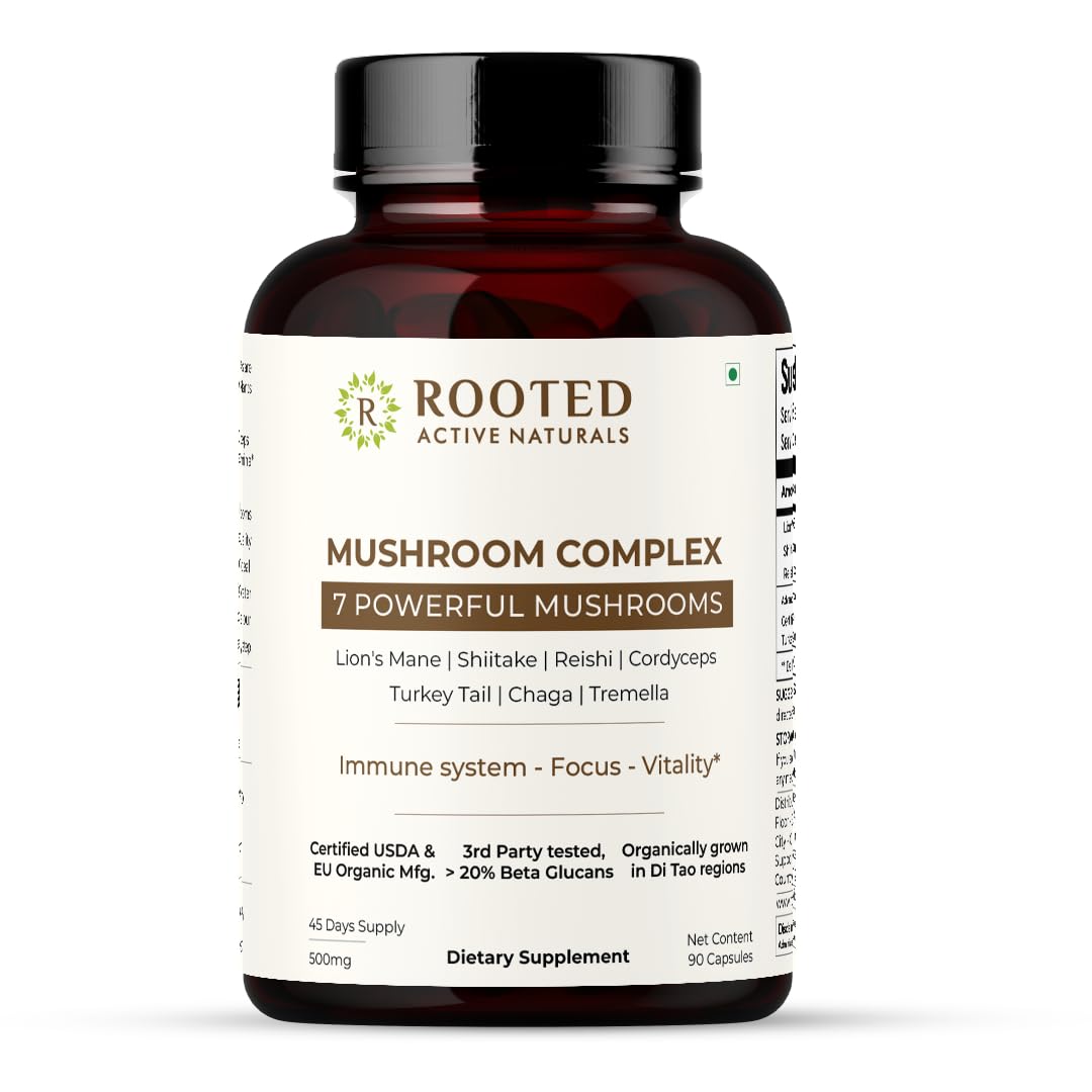 Rooted Active's, Mushroom Complex, USDA & EU Certified Organic| 30% Beta Glucans - Lab verfied | 7 Mushrooms Blend for Heart, Liver, Gut, Energy & Immunity (90 Veg Caps)