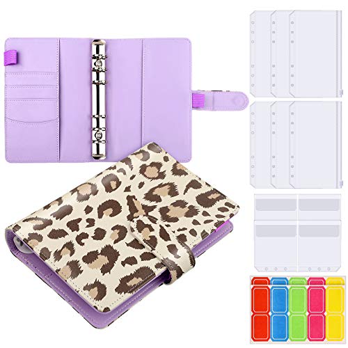 Budget Binder Personal Planner Binder, A6 PU Leather Notebook Binder Set with 6 Pieces A6 Loose Leaf Zipper Pouch 2 Pieces 6-Ring Budget Envelope, Loose Leaf Personal Organizer Binder Cover, Leopard