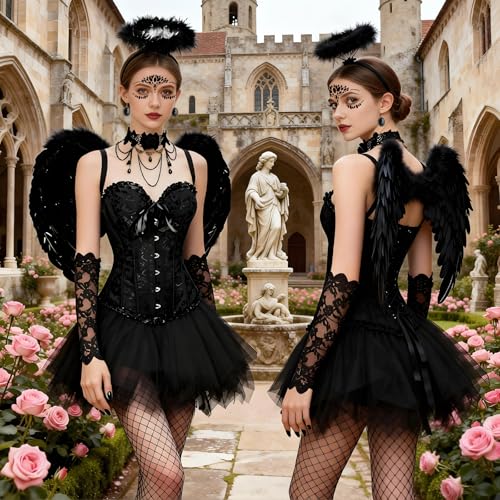 Engel Kostüm Damen Schwarz Set Dark Angel,Schwarzer Engel Kostüm mit Tüll Rock, engelsflügel schwarz, Heiligenschein, Karneval Kostüm Damen engel, Engelskostüm Frauen Faschingskostüm – Bild 4