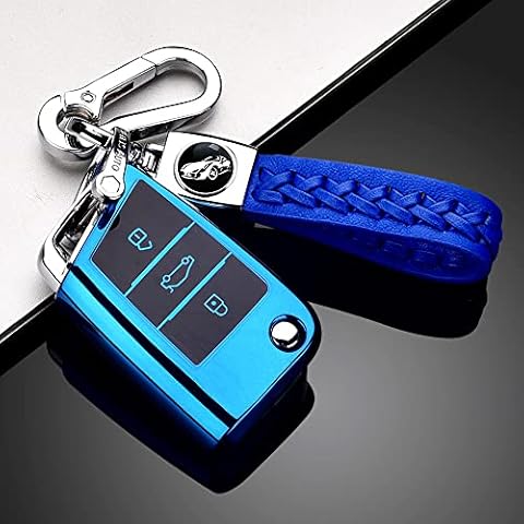 RXXR Blue Car Key Cover Compatible with Volks-wagen L VW Golf 7 MK7 Lavida Sagitar Car 3 Button Soft Key Fob Shell Protector with Leather Keychain Cover
