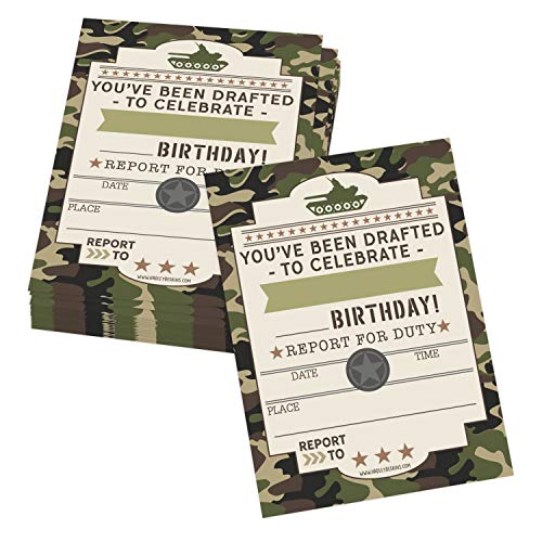 Image of Hadley Designs Kids Birthday Invitations For Boys Army Theme - 25 Call of Duty Birthday Party Invitations For Boys, Camo of Duty Invites For Boy, Cute Camouflage Military Party Supplies, Made In USA