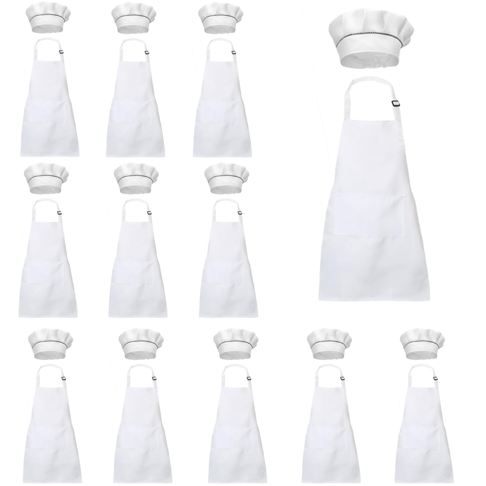 XIEJINJIA 12 Set Kids Apron and Chef Hat Child Waterproof Aprons Adjustable with 2 Pockets for Boys Girls Cooking Classroom Baking Painting White