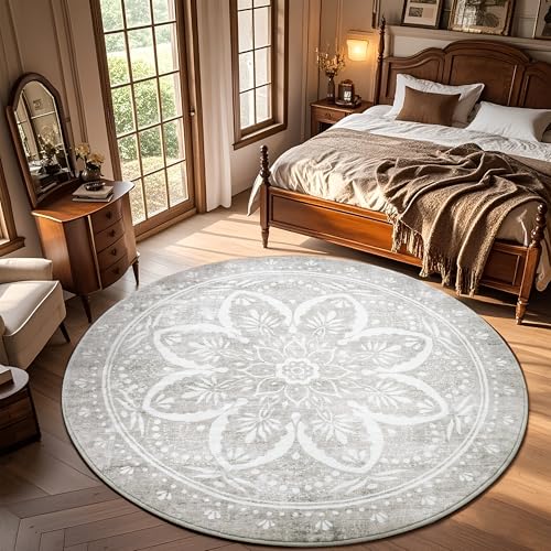 Image of Carvapet Round Rugs Circle Rug - Vintage 72 inch Non-Slip Washable with Rubber Backing Foldable Low Pile Design for Living Room Bedroom, 6ft Grey Rug
