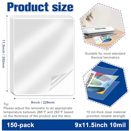 Image of 150 Pack 10 mil Thermal Laminating Pouches Fits Letter Size 8.5 x 11 in Laminating Sheets Thick Clear Plastic Paper Laminator Sheets File Card Laminator Pouches 9x11.5inches