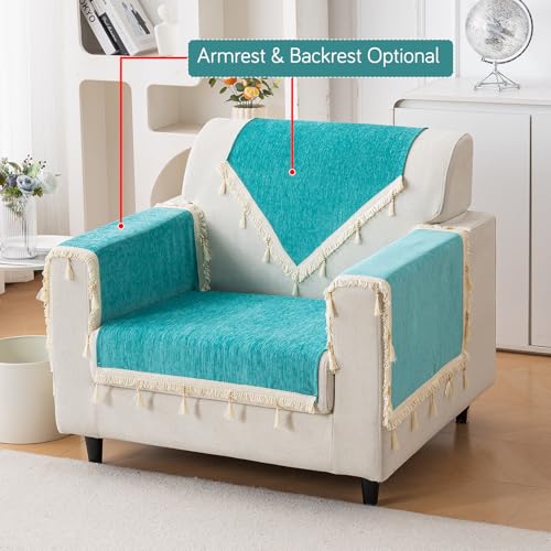 Image of HOKIPO 'Serenity Tassel' Chenille 1 Seater Sofa Cover with Tassel - Ocean Teal (IN-890-SBL)