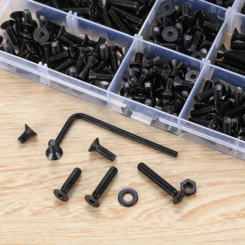 521 Stück M4 Schrauben Set, M4 Senkkopfschrauben Set, Flachkopf Innensechskantschrauben Muttern Set, Maschinenschrauben mit Muttern und Unterlegscheiben Set Schwarz, Gewindeschrauben und Muttern Set