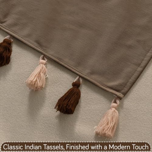Image of HOKIPO Sofa Cover Mat with Tassel for 1 /2 /3 Seater & L Shape Sofa | DIY Sofa Cover Set | Dyed Holland Velvet | 'TasselTone Series' 70(W) x 220(L) cm |Warm Taupe (NEW-IN-1110-BRN)