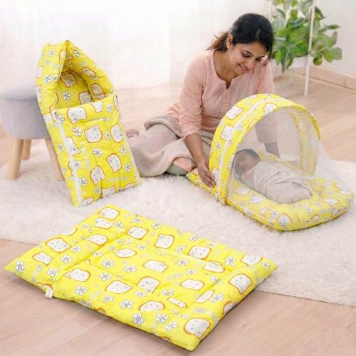 Image of Fareto Combo of Baby Mattress with Net | Carry Bag | 4 Pcs Bedding Set(0-6 Months) (Yellow)