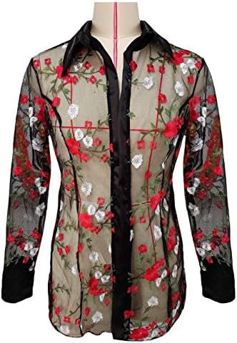 トップス Sheer Embroidery Blouse Womens Mesh Sheer Tops Floral Embroidery Sexy Casual Button
