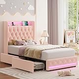 HIFIT Upholstered Twin LED Bed Frame with Charging Station Headboard & 4 Storage Drawers, Velvet Crystal Button-Tufted Princess Twin Size Platform Bed Frames for Kids/Girls, No Box Spring Needed, Pink
