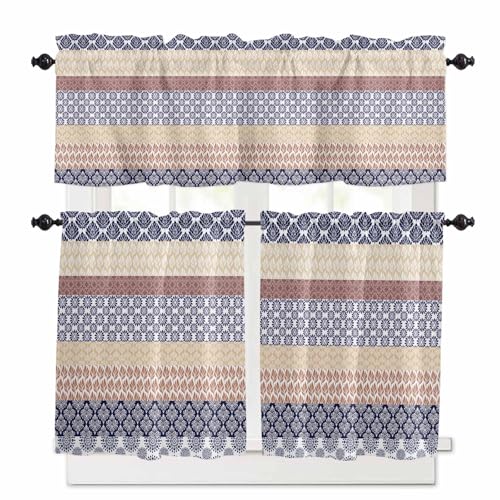 Boho Blue Brown Kitchen Curtains 24 Inch Length,3 Piece Rod Pocket Small Half Tiers and Valance Set,Geometric Stripes Tribal Beige Bohemia Small Large Window Treatment Decor for Bedroom/Bathroom Sink