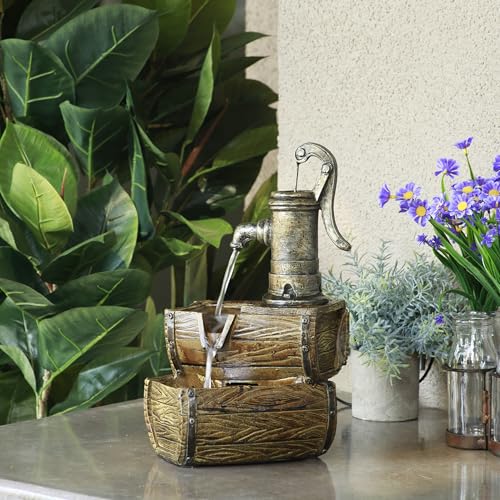 Alpine Corporation WIN826 Indoor Tabletop 2-Tiered Vintage Water Pump Retro Barrel Fountain thumb #1