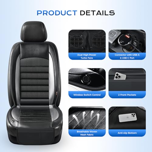 Image of Coverado Cooling Car Seat Cover, Ventilated Seat Cushion for Summer, Cooling Car Seat Pad with Dual Powerful Turbo Fans Universal Fit for Sedan SUV Truck Van, Gray