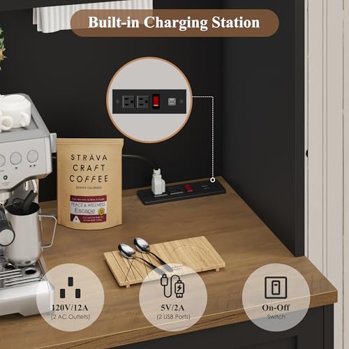 Image of HOSTACK 75.4 inch Tall Kitchen Pantry Cabinet with Charging Station, Modern White Kitchen Hutch with Microwave Stand and Wine Rack, Large Food Pantry Storage Cabinet with Glass Doors and Drawers, Black