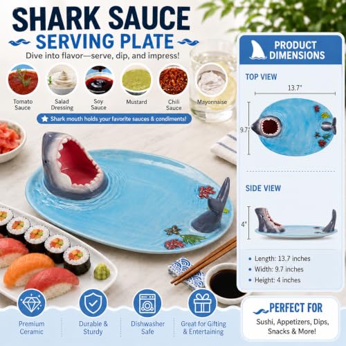 Image of 2 Pack Blue Ceramic Taco Holder, Shark Sushi Plate, Funny Handmade Kitchen Salad Plates with Dipping Sauce Bowl, Microwave /Oven /Dishwasher Safe Plates, Holiday Birthday Gifts for Shark Party Lovers