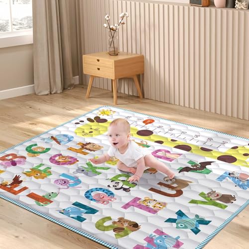 Image of Baby Play Mat for Floor, 2 in 1 Crawling & Learning 50x50 Playpen Mats with Vivid Alphabet & Animal Pattern, Non-Slip One-Piece Foam Thick Play Mat for Babies and Toddlers, Machine Washable & Foldable
