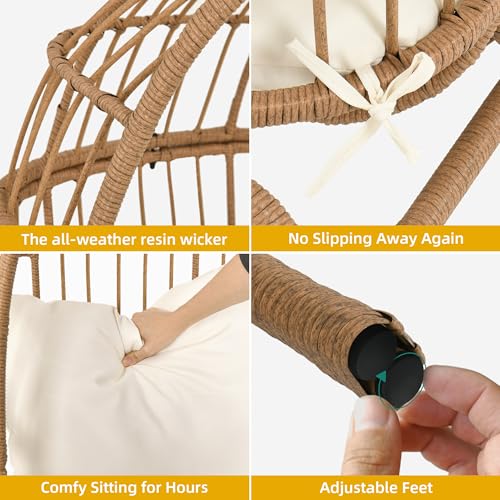 DWVO Narrow Egg Chair Wicker, Patio Rattan Basket Chair with 370lbs Capacity Outdoor Indoor Egg Chairs with Stand & Cushion Cocoon for Bedroom, Patio, Balcony, Beige